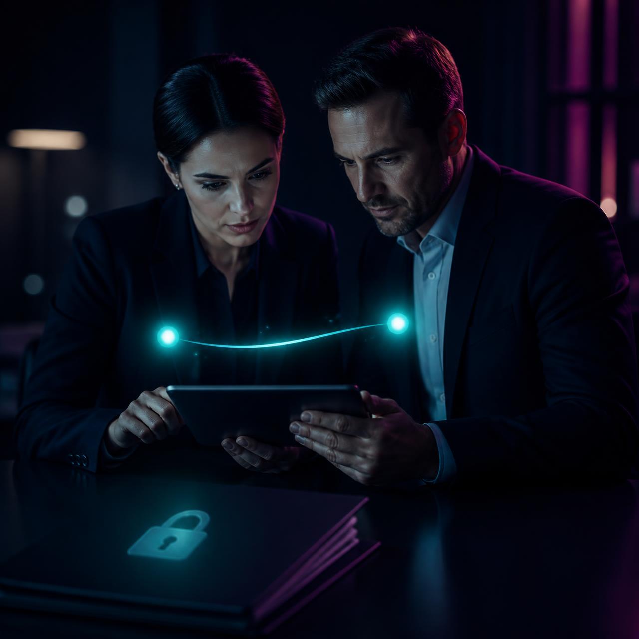 Two professionals reviewing a time-boxed secure share link on a tablet