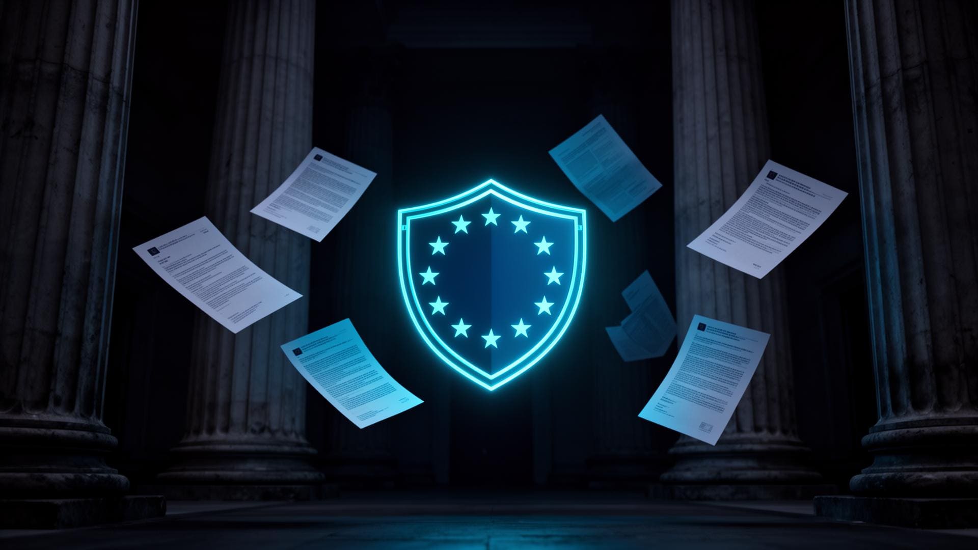 Glowing EU regulatory shield surrounded by floating compliance documents