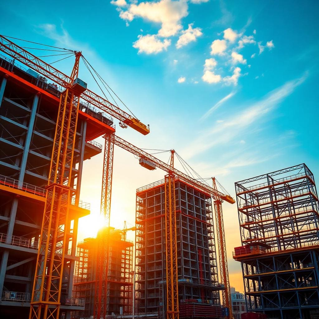 Construction site with tower cranes at dusk