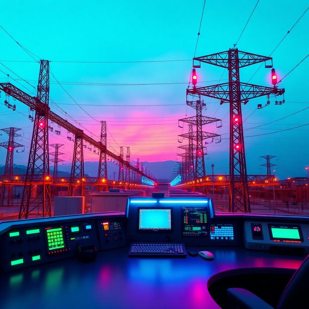 Electrical grid control room with transmission pylons beyond