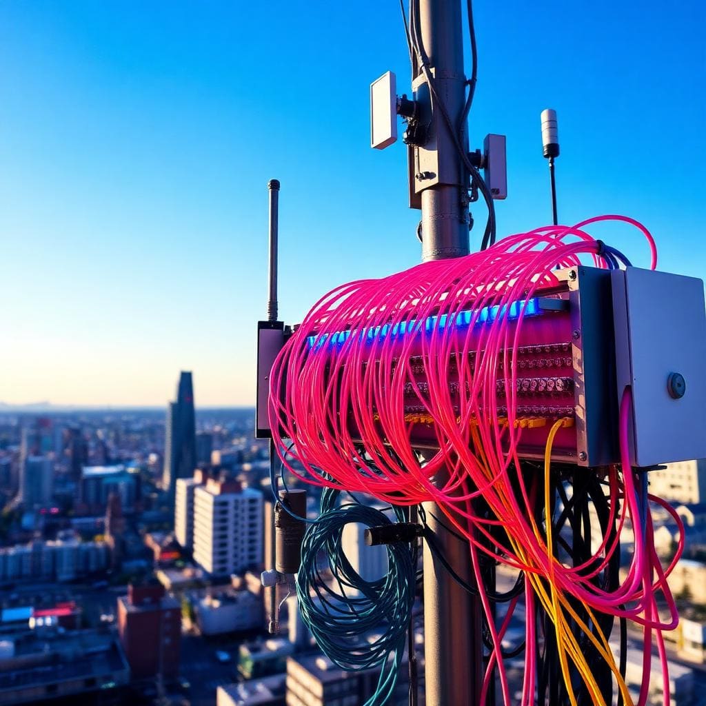 Telecoms network operations centre with a mast beyond the window