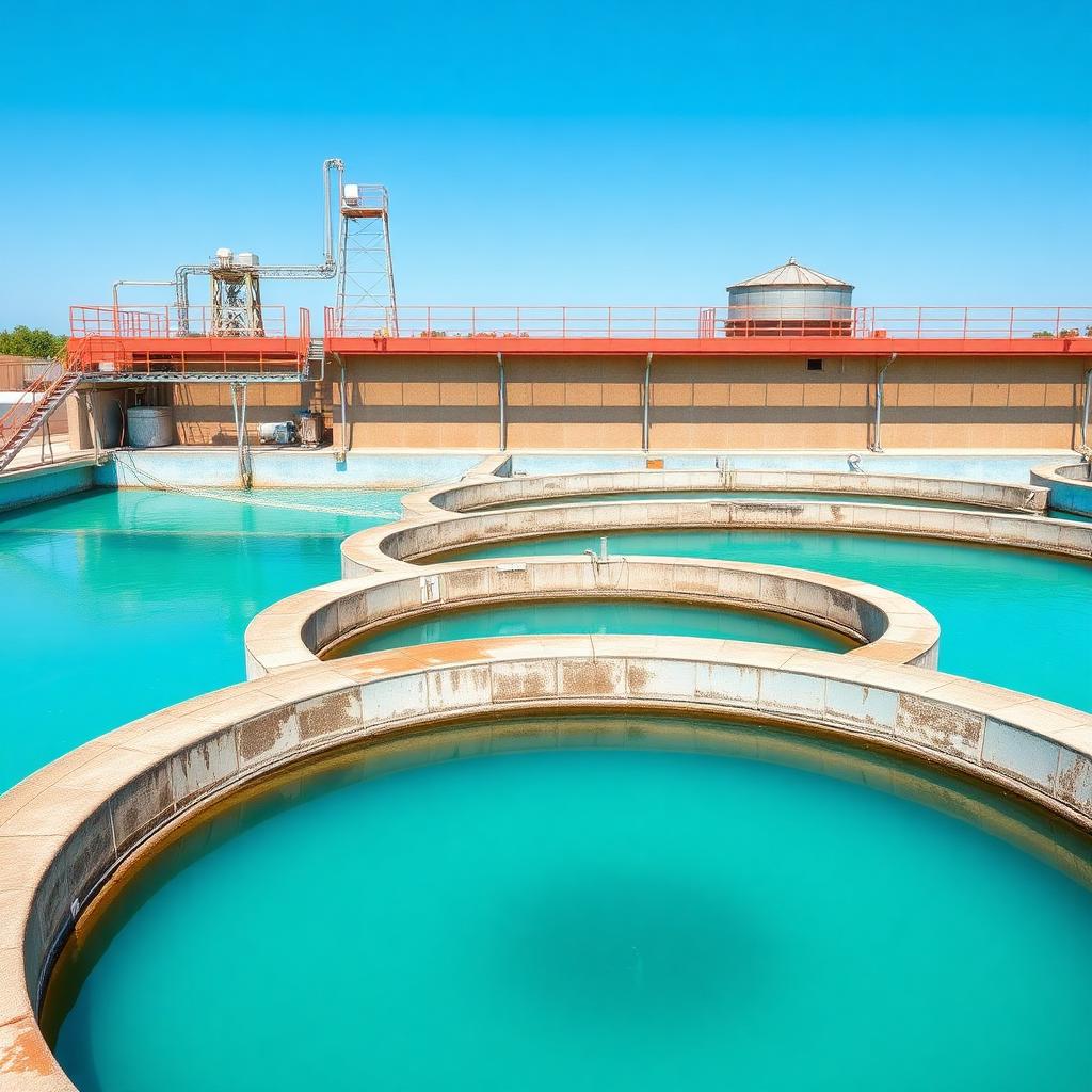 Water treatment plant with tanks and pipework at dusk