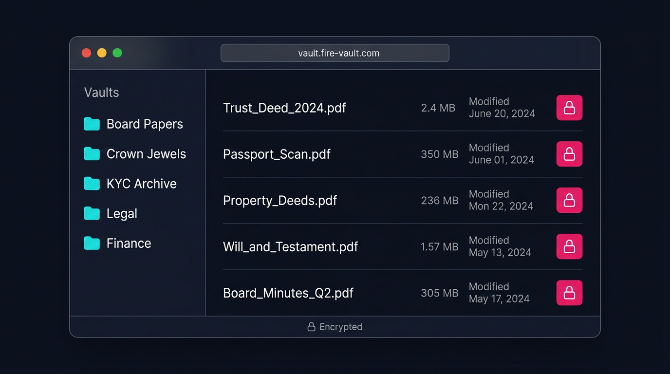 Firevault file manager interface showing encrypted vaults and files