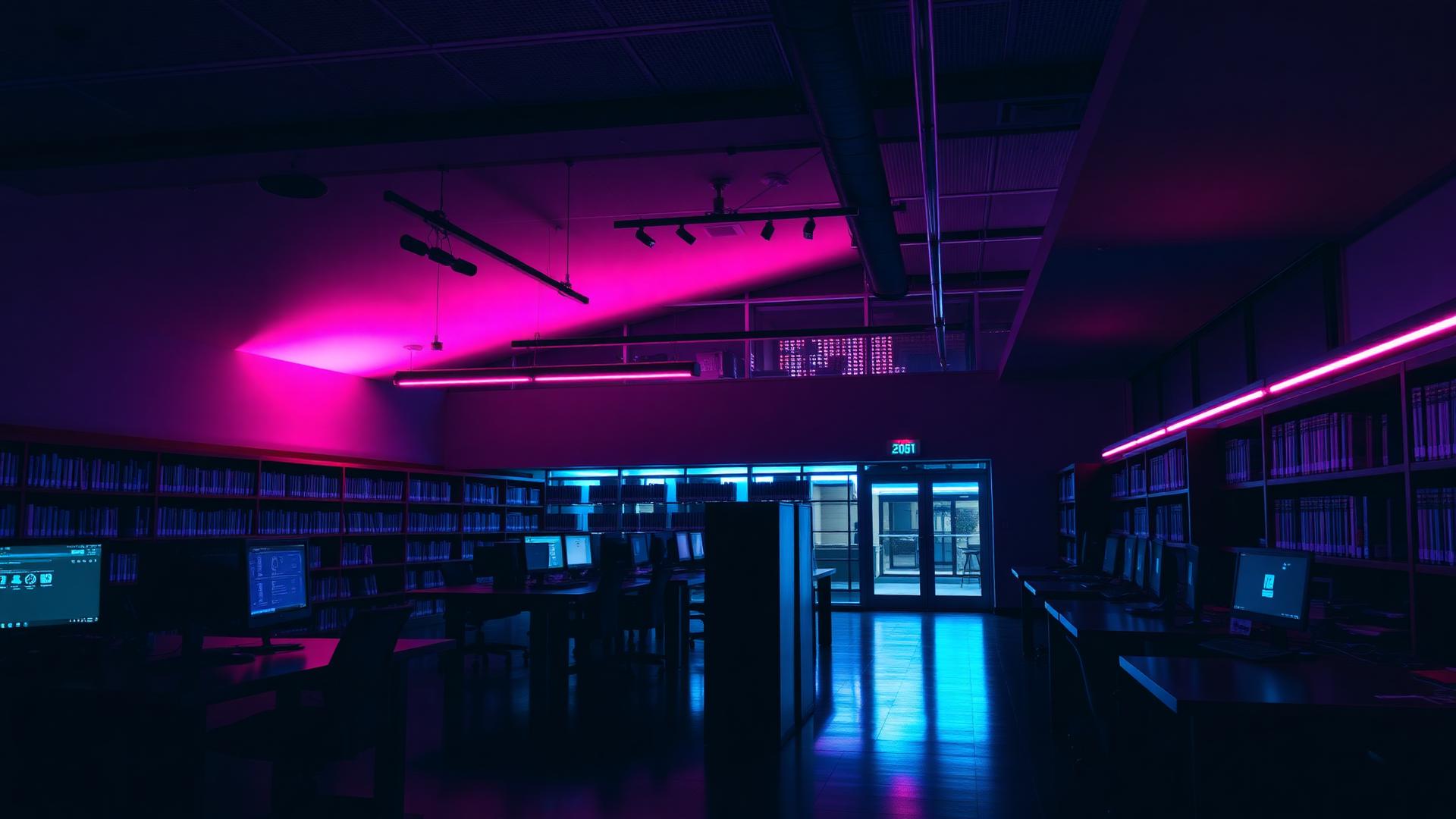 Empty school corridor with lockers overlaid with a digital data grid, representing the Department for Education data breach