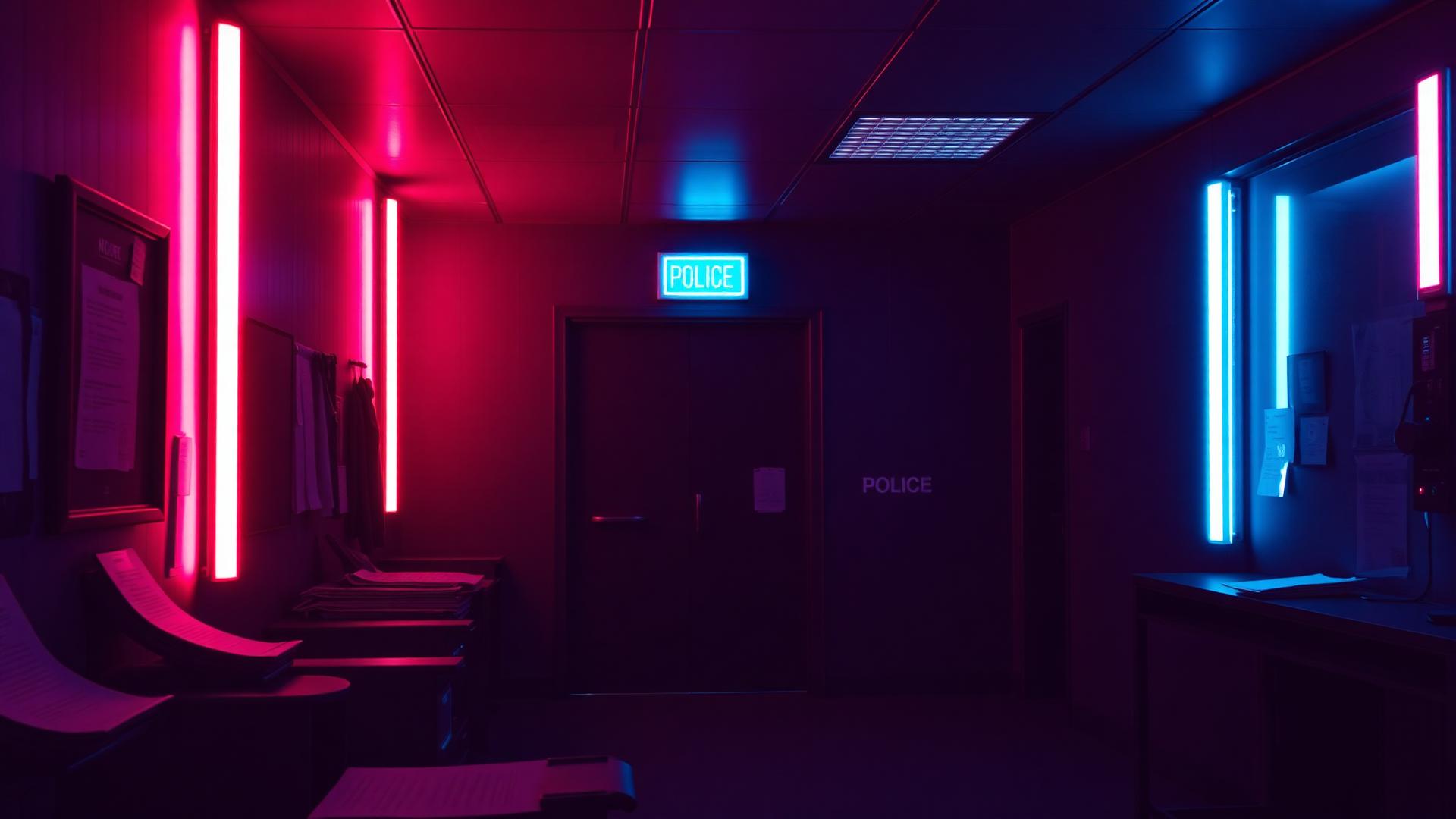 Dimly lit police records office at night with rows of legal reference binders, a police lanyard on the desk and an unplugged network cable beside a dark monitor