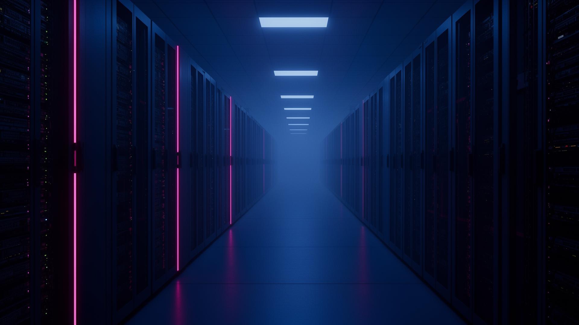 Dark data centre corridor with deep navy lighting and magenta accents on server racks