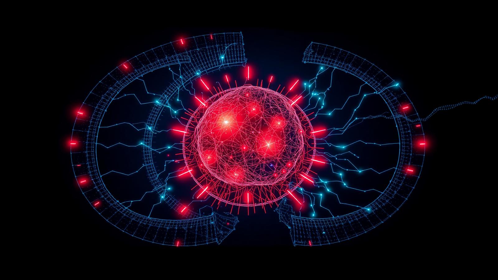 Neural-network core straining against a fractured containment ring, red warning glyphs and cyan data traces escaping into a dark navy void.