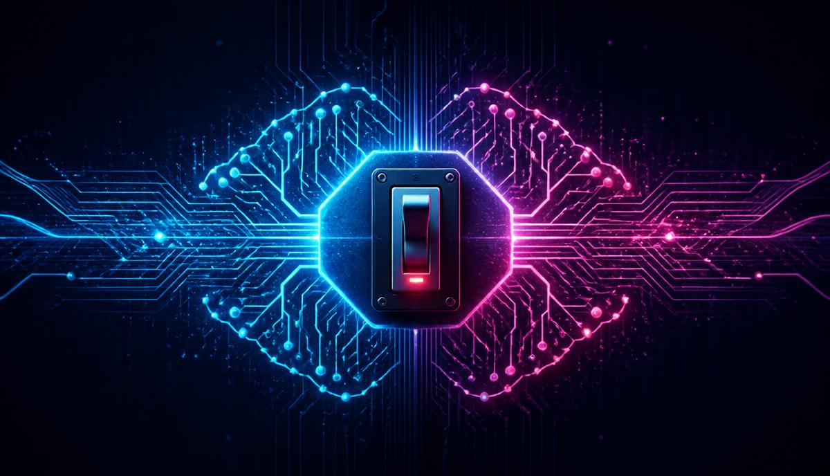 A conceptual illustration of an AI control switch in dark navy, cyan and magenta tones.