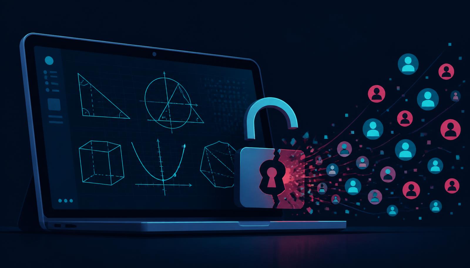 Illustration of a learning platform laptop with a broken padlock and student account icons streaming out, representing the Mathspace data breach