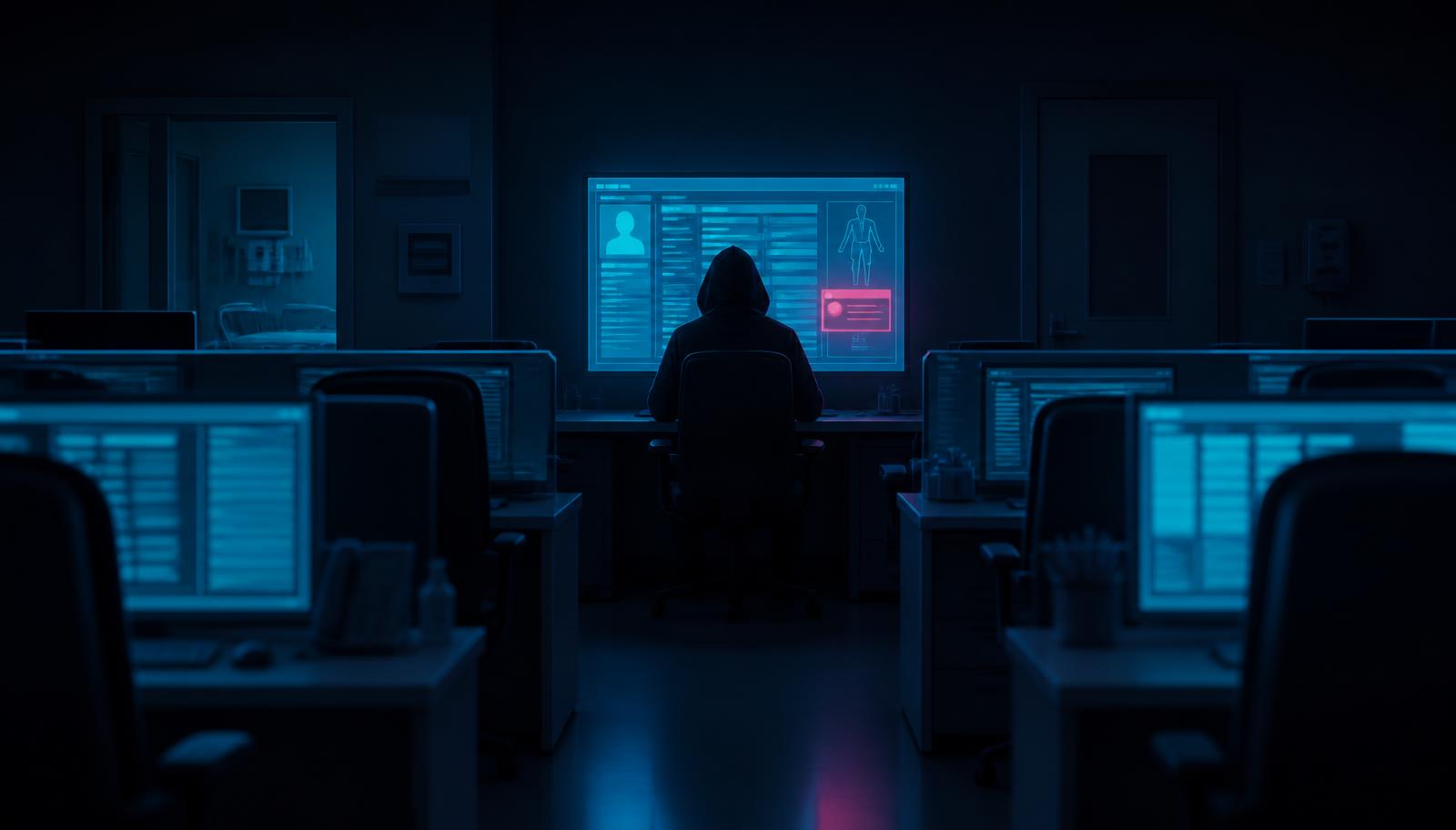 A darkened hospital office at night with one screen showing an open patient record and a warning alert.