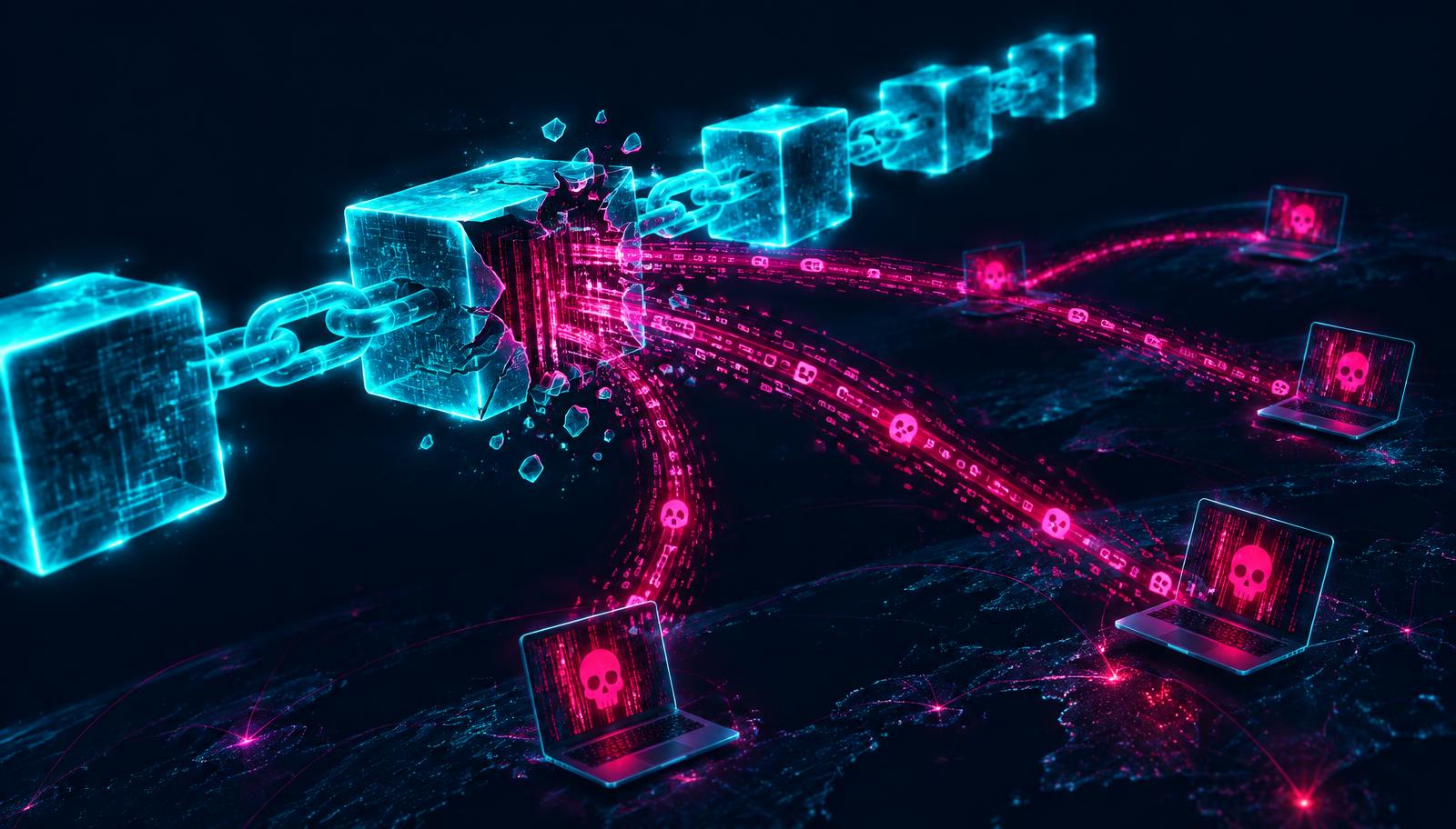 Illustration of a blockchain with a cracked block sending hidden malware instructions to infected laptops, in navy, cyan and magenta