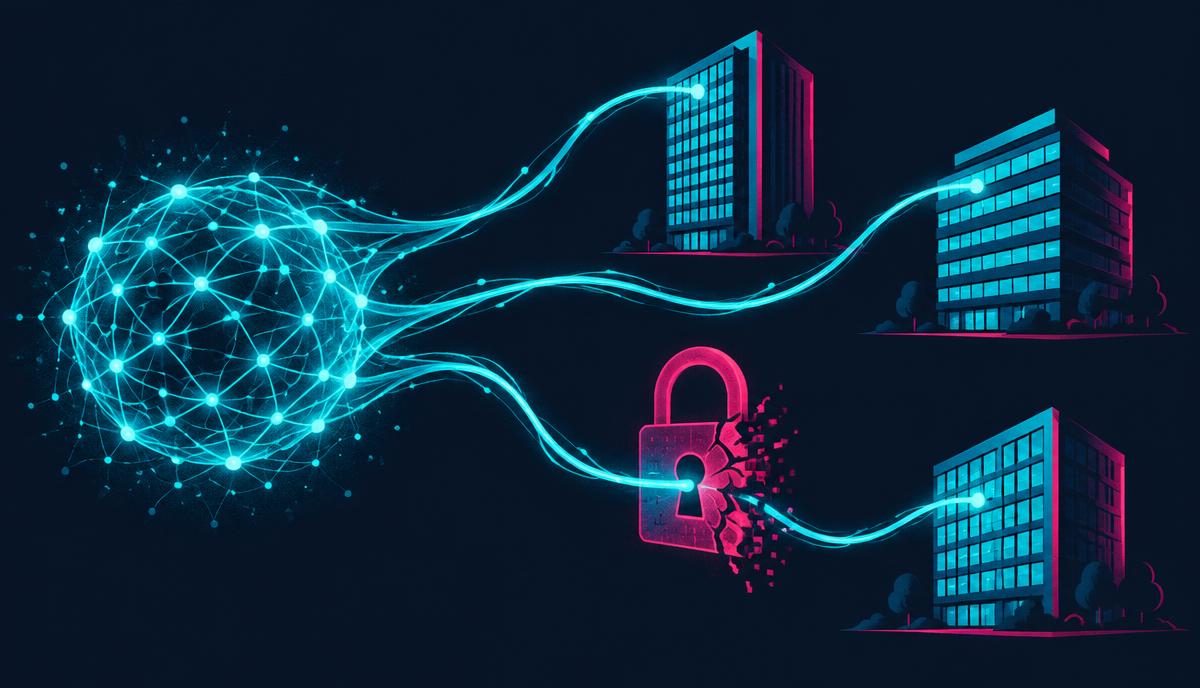 A glowing cyan AI neural network orb extending probing tendrils of light toward three corporate buildings on a dark navy background, one tendril breaking through a cracked magenta digital padlock