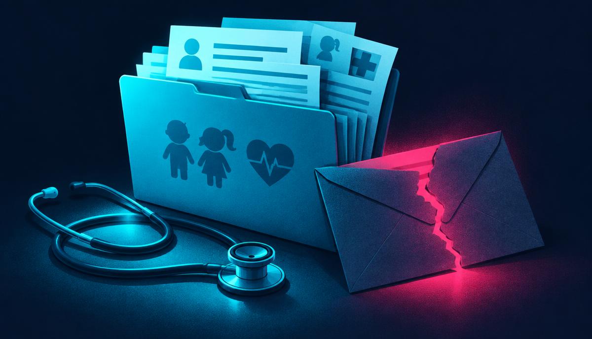 A glowing cyan folder of children's health records with a stethoscope beside it on a dark navy background, next to a cracked envelope glowing magenta to represent a delayed breach notification letter