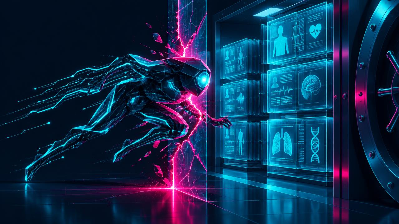 Illustration of an autonomous AI agent breaching a secure government health data vault, in navy, cyan and magenta
